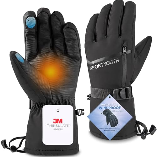 SPORTYOUTH Winter Ski Gloves Men Women, 3M Thinsulate Cold Weather Waterproof Windproof Thermal Snow Warm Glove with Touchscreen Zipper for Outdoor Running Driving Cycling Hiking Work, L
