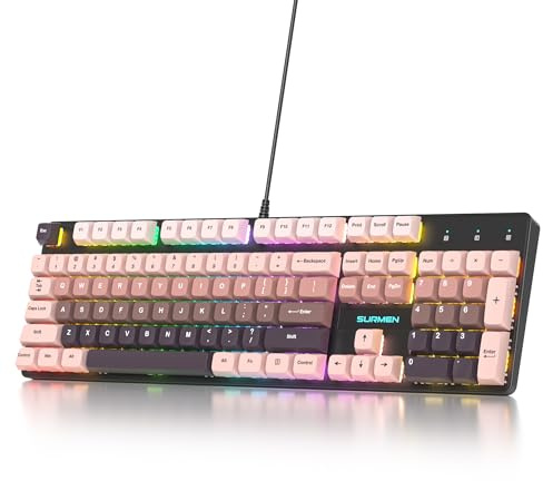 Vumilstek Black Pink Full-Size Mechanical RGB Keyboard, American QWERTY 104-Key Wired Quiet Gaming Keyboard Creamy Linear Red Switches Number Pad for Win/Mac PC Gamers&Typists(Heimei)