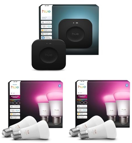 Philips Hue Lot de 2 ampoules intelligentes blanches et colorées Ambiance 1100 A60 E27 (4 ampoules) + concentrateur intelligent Hue Bridge Pro | Éclairage intelligent sans fil, 16 m de couleurs