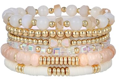 RISHEGAE Gold Beaded Bracelets for Women Stack Boho Glass Bead Bracelet