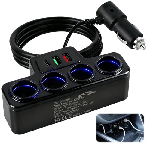 120W 7-in-1 Multi-Socket Car Charger, Vehicle Charging Port Extender with 4 Sockets 3 USB Ports (QC 3.0 + USB 3.1 + PD 3.1), Fast Charging for 12V/24V Vehicles for Phone Laptop GPS Dash Cam Car Fridge
