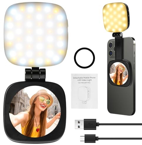 Luz Magnética Selfies, Recargable Magnético Selfie Luz con Espejo Compatible con iPhone MagSafe Luz Teléfono con 5 Modos Iluminación Ring Light LED para Zoom Maquillaje Grabación Videoconferencia