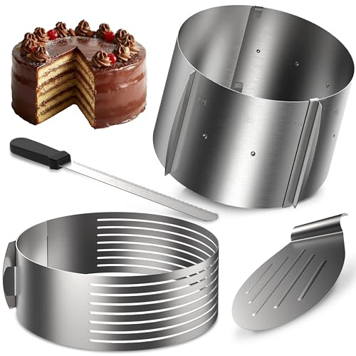 4smile Tortenzubehör - Edelstahl Torten Schneidehilfe Set, 4 Teile - Tortenring verstellbar hoch 15 cm + Tortenboden Schneidehilfe Ring Ø 26/28 cm + Konditormesser + Tortenheber