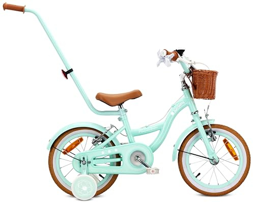 sun baby Flower Bike Retro Girls Bike 14/16 Inch | For ages 3-6, steel frame, V-brakes, training wheels, bell and reflectors