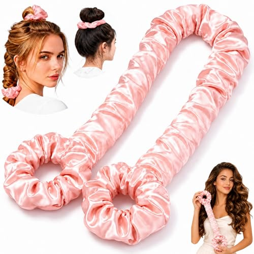 Heatless Hair Curlers, Satin Overnight Curler - 3 in 1 Soft Sleeping Curling Rod with with Attached Scrunchies, No Heat Hair Rollers for Women, Long Hair, Natural Waves & Everyday Styling, Pink