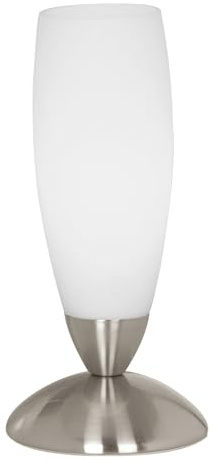 EGLO Tischlampe Slim, Tischleuchte, Nachttischlampe aus Metall und Glas | Wohnzimmerlampe in Nickel-Matt, Weiß, Lampe mit Schalter, E14 Fassung