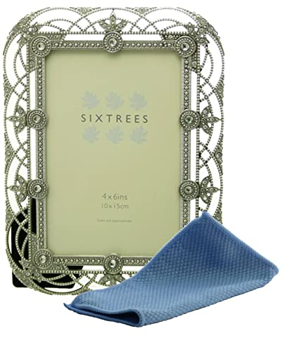 Sixtrees Alice 2-503-46 Antique Vintage Shabby Chic Style silver metal 6 x 4 inch photo frame with beads and crystals. With microfibre cleaning cloth.