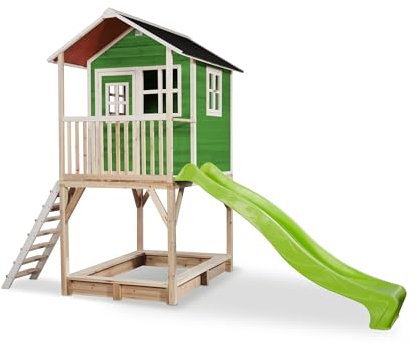 EXIT Toys Loft 700 Holzspielhaus für Draußen mit Sandkasten & Langer Rutsche - Wasserdichtes Gartenhaus für Kinder - Einfache Montage - 100% FSC Zedernholz - 391x190x269cm - Grün