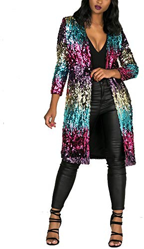 AnyuA Damen Pailletten Cardigan Party 20er Glitzer Club Mantel Lang Jacke