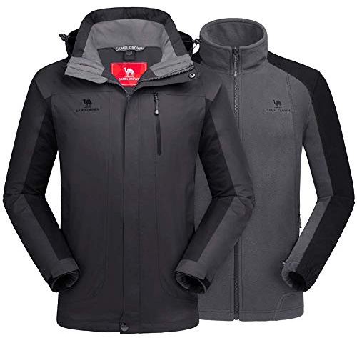 CAMEL CROWN Herren Skijacke 3 in 1 Wasserdicht Winterjacke Schneejacke Winddicht Kapuze mit Innen Warm Fleece Mantel, grau dunkel, M