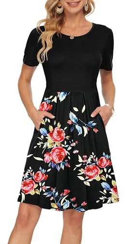 AUSELILY Robe décontractée à Manches Courtes plissée avec Poches Longueur Genou S,Noir Fleur Noir