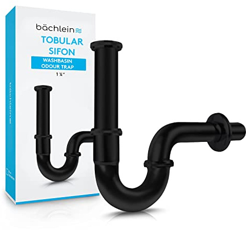 Bächlein Siphon Universel pour Lavabo et Évier (Extra Long) - Bonde de Lavabo Tubulaire - Siphon Adaptable - Anti-Odeur avec Orifice de Nettoyage + Mode d’Emploi - Mat Noir