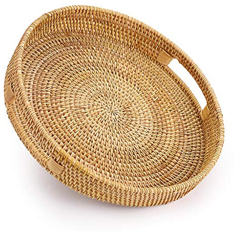 Sumnacon Plateau de Service décoratif Plateau en rotin tissé Organisateur de Table pour Petit déjeuner, Boisson,Fruits (Rond, 30CM)