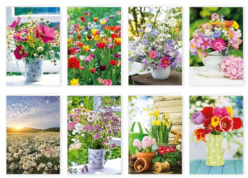 Skorpion PremiumLine Grußkarten Frühling Set mit 16 Karten mit Umschlag | Blanko Innenseite Weiß, FSC qualifiziertes Papier | Postkarten Frühjahr, Glückwunschkarten Blumen | 11,5 x 17,5 cm Papeterie