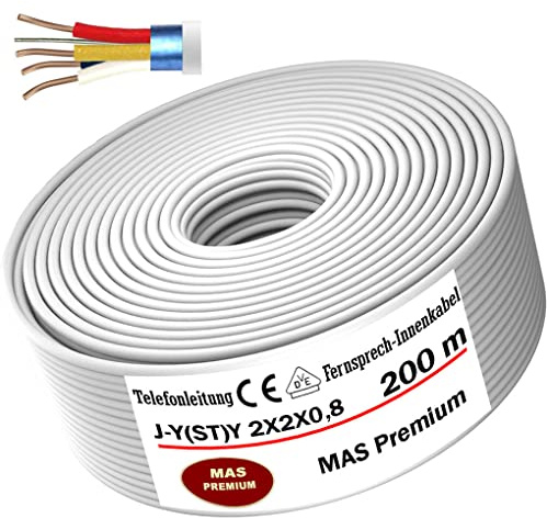 MAS Premium från 5 till 250 m telekommunikationskabel J-Y (ST) Y 2 x 2 x 0,8 telefonkabel ringkabel fjärrkabel (200 m)
