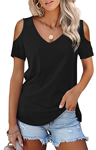 Beluring Womens Tee Shirts Sexy Off The Shoulder V Neck Casual Tops Black Size 8 10