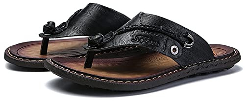 Flip-flops i läder för män sommarbågsstöd strandsandaler halkfria duschstringtrosor (storlek: 47 EU, färg: svart)