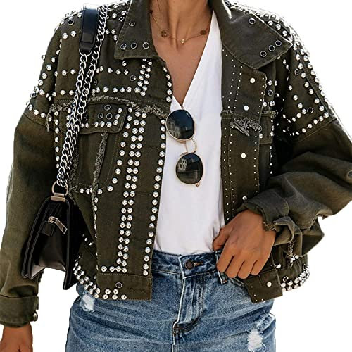 oytto Jeansjacke Damen Punk Nieten Cool Nieten Motorradjacke Mode Outwear, Army Grün, 50