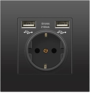 Gla - Prise Schuko avec ports USB - Prise murale encastrée - Contact de protection - Prise murale (1 CA + 2 USB, noir)