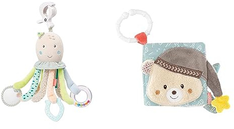 Fehn Activity-Spieltier Oktopus – Baby Motorikspielzeug für Kinderwagen & Soft Bilderbuch Bruno – Baby Fühlbuch aus Stoff mit Tier Motiven