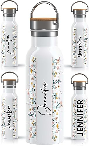 OWLBOOK Blumen Elegante Schrift Trinkflasche personalisiert Erwachsene Frauen Edelstahl 600ml - Thermo Wasserflasche auslaufsicher schadstofffrei wiederverwendbar BPA frei - für Büro Sport & Outdoor