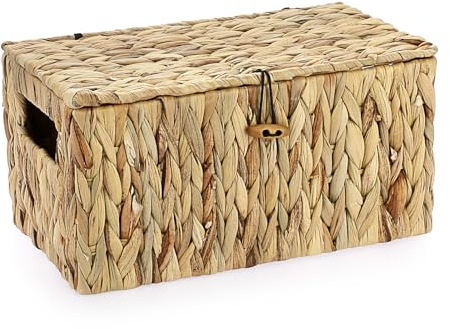 TOLIDA Panier de rangement naturel en jacinthe d'eau tissée en jonc de mer - Boîte de rangement étanche avec couvercle - Pour la maison, la cuisine, les vêtements, les livres, les fruits, les légumes,