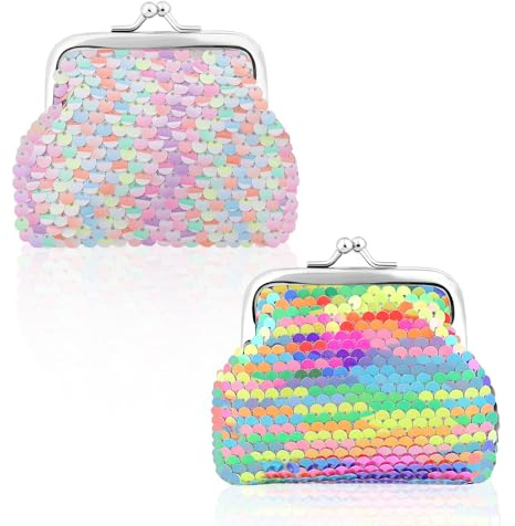 KALIONE 2 Packs Sequin Change Purse for Women, Small Colorful Coin Purses Coin Wallet with Kiss Lock Closure Reversible Glitter Sequin Wallet Pouch Gift for Women Girls Keep Change, Keys, Lipstick