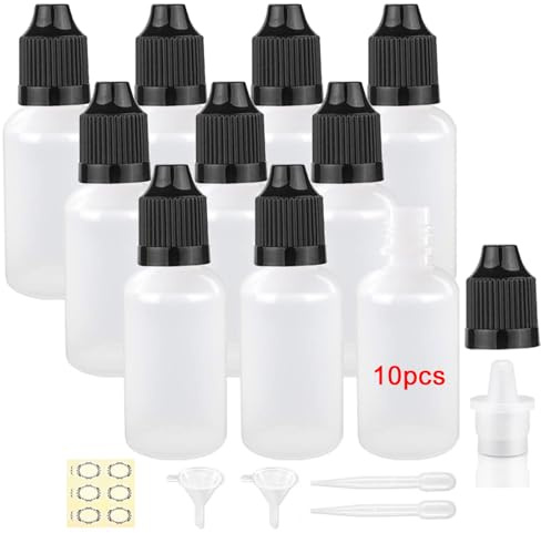 Apstaqeoo 10 st, 30 ml droppflaska, klämbara flytande droppflaskor, ögondroppare, provdispenser, vit färg, lock, tratt, etikett, pipett för eterisk olja