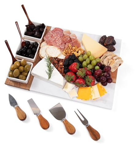 Charcuterie Board Geschenkset aus Akazienholz und Marmor, 11-teiliges Käsebrett-Serviertablett, inklusive Käsemesser-Utensilien, Keramikschalen, Holzlöffel, Einweihungsgeschenk, für Vorspeisen