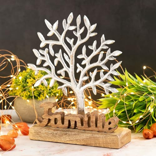 Amago home Lebensbaum mit Schriftzug Familie Holzfigur 20x27cm Dekofigur Aluminium Mangoholz