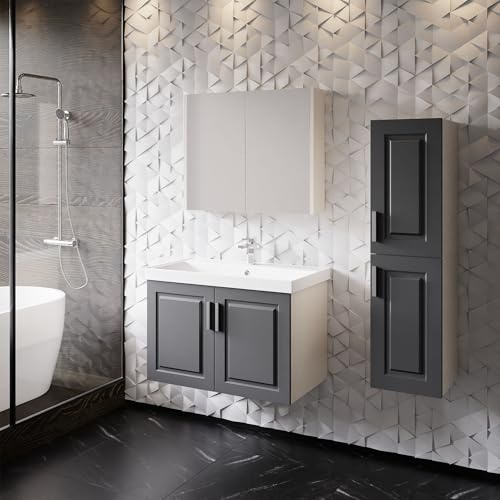 KAREN banyo Badmöbel Set Arin 80 Anthrazit | Keramikwaschbecken | Unterschrank | Spiegelschrank | Softclose-Türen & Chromgriffe | Landhausstil | Badezimmer Möbelset Waschbeckenunterschrank Waschtisch
