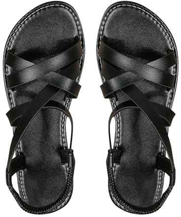 Sandales d'été élégantes en cuir pour femme - Sandales romaines pour femme - Sandales plates modernes et légères - Élastiques orthopédiques - Sandales confortables - Chaussures pieds nus - Sandales