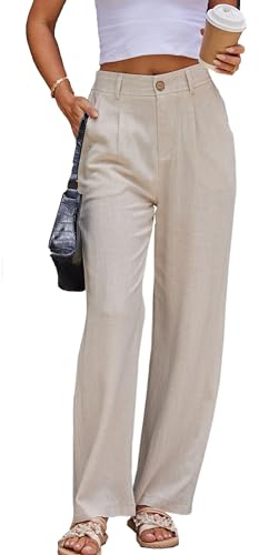 Fakanhui Pantalones de lino elegantes de trabajo casuales para mujer de verano de negocios rectos de pierna ancha de algodón y lino tipo pantalón, (Natural linen), Medium