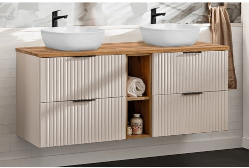 Lomadox Badezimmer Waschtisch 140cm, in Kaschmir und Eiche, mit 2 Softclose-Schubladen mit Keramik-Waschbecken