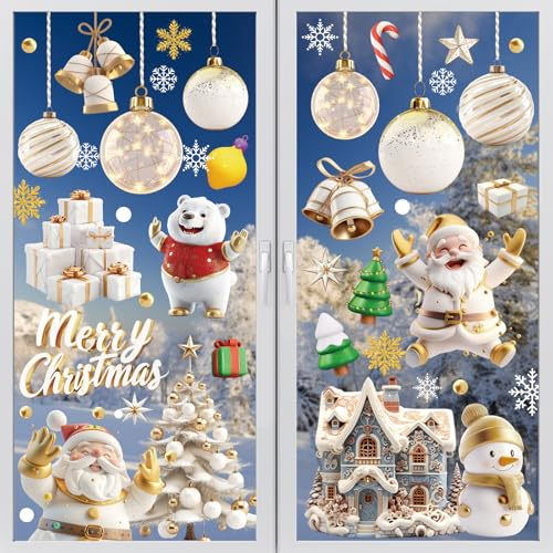 Wothfav Weihnachtsaufkleber, Fenster, 9 Bögen, stereoskopischer Effekt, Weihnachten, Fensteraufkleber, wiederverwendbar, Weihnachtsaufkleber, PVC, Schneeflocken, Weihnachtsmann, Rentier, Glocken
