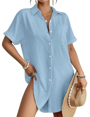 Bsubseach baddräkt för kvinnor cover up skjorta klänning button down baddräkt cover up beachwear, Himmelsblå, XXL