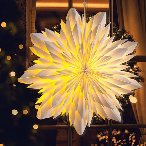 EANLOLY Weihnachtsstern Beleuchtet, Papiersterne Weihnachten, 3D Stern Fenster, Weihnachtsdeko Innen Zum Aufhängen mit Beleuchtung, Weiß 45 cm