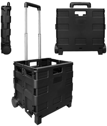 Berry 40L Foldable Shopping Trolley - Black, Plastic Trolley Cart with 2 Wheels, Portable Cart with Telescopic Handle, Multipurpose Utility Cart for Shopping, Teacher, Laundry, and More