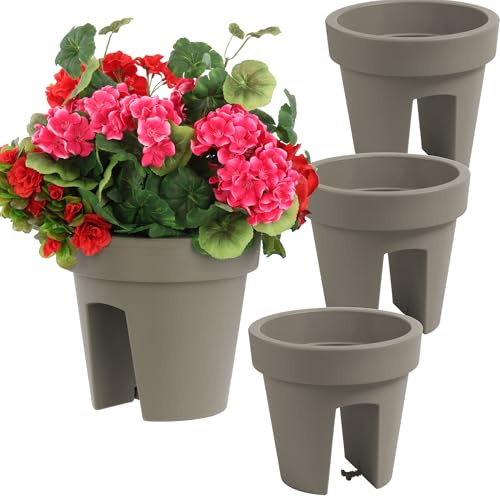 botle Juego de 3 cajas para balcón, jardineras, barandillas, balcones, maceteros de barandilla, diámetro de 24,5 cm, 5 L, piedra gris, ovalada