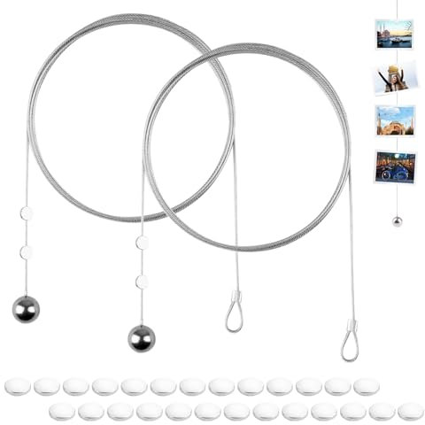 2 Stück Fotoseil Fotos Aufhängen, Bilder Aufhängen Schnur mit 30 Knopfmagnete, Magneten Fotodrahtseil, Edelstahl Fotokette für Wand Postkarten Polaroid(250cm x 1.5mm)