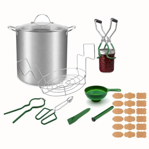 20 L Edelstahl-Einmachset mit Wasserbad, Gestell und Deckel – 9-teiliges Einmach-Set inkl. Glasheber, Einmachzange, 30 Etiketten (Komplettset für Einsteiger) (Ohne Flaschen)