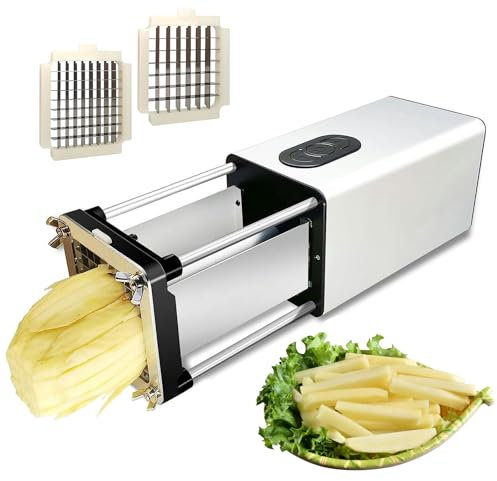 Electric French Fry Cutter, Commercial Grade Potato French Fry Cutter and Slicer with 1/2 & 3/8 Inch Stainless Steel Blades Key operation Two modes for Potatoes Carrot Tomato Cucumber Food Slicer