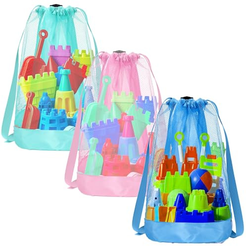 Vodolo Beach Toy Bag,3pcs Mesh Travel Sand Toys Backpack for Sandbox Buckets,Beach Vacation Essentials for Kids,Shell Collecting Bag Shelling Tools,Beach Must Haves Sand Box Toys Seashell Bags