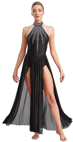 ranrann Femme Robe Danse Contemporaine sans Manches Robe Danse Lyrique Strass Justaucorps Gymnastique Tenue A Noir S