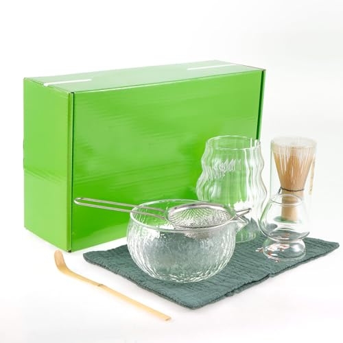 7 Stück Matcha Tee Set,Klares Glas Matcha Schneebesen Set mit MatchaSchale,MatchaTasse,Schneebesen,Besenhalter,Sieb,Teelöffel, Teetuch für Teeliebhaber(A)