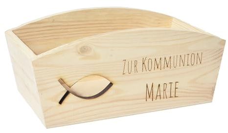 CHICCIE Geschenkkorb Personalisierbar Wunschtext mit Fisch 24x13x8cm Abgerundet Präsentkorb Holz Geschenkidee Holzkiste Taufe Kommunion Konfirmation