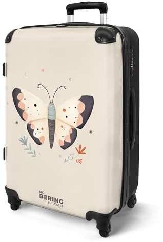 NoBoringSuitcases© Koffer Kinder Groß Reisekoffer Kinderkoffer 4 Rollen | 67x43x25 cm - Leicht Trolley Große M Hartschalenkoffer für Jugendliche Schmetterling - Beige - Tiere