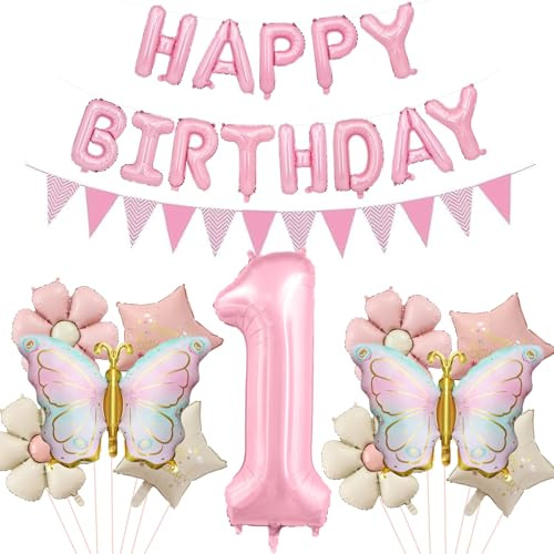 DazzJoy Geburtstagsdeko 1 Jahr Mädchen mit Schmetterlinge Folienballon, Schmetterling Luftballon Deko 1. Geburtstag Mädchen, Happy Birthday Ballon 1 Geburtstag Mädchen Deko