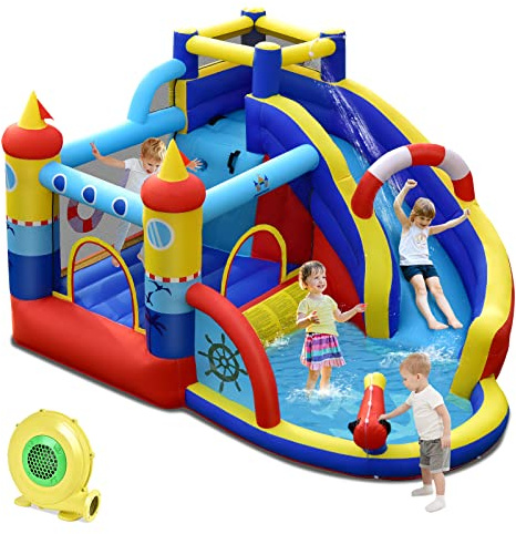COSTWAY Castillo Hinchable para Niños con Soplador, 6 en 1 Castillo Hinchable Acuatico para 3 niños de 3-10 Años, Tobogán, Piscina, 360 x 290 x 200 cm, Insuflavel Crianças para Interior Exterior