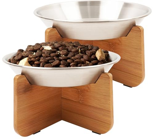 Elevated Cat Bowl with Bamboo Stand, 6.8 Extra Wide Shallow Raised Stainless Steel Cat Bowls Whisker Friendly, 2 Pack Food and Water Dishes for Indoor Cats, Kitten, Puppies and Small Dogs